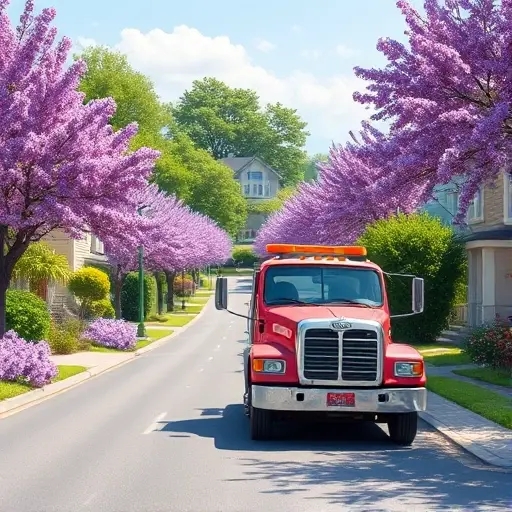 A realistic small-scale high-quality illustration of a tow truck parked on a quiet residential street named Hungarian Lilac Avenue (small), lined with blooming lilac bushes and trees, with a clear view of the road and surrounding houses under a bright daytime sky. The focus is on the tow truck and the lilac-lined avenue, without any text or signage.