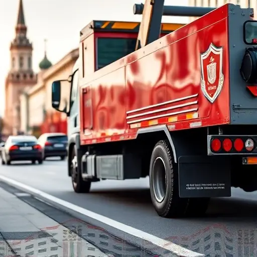 A modern tow truck parked on a Moscow street, with a clear view of its bright, reflective paint and a subtle, non-textual icon of a shield or certificate on the side to imply licensing and insurance. The background shows iconic Moscow architecture in soft focus, with a clear sky and a few passing cars. The scene conveys professionalism and affordability, with the tow truck's wheels slightly raised as if ready to move, and a small, tasteful emblem indicating compliance with regulations.