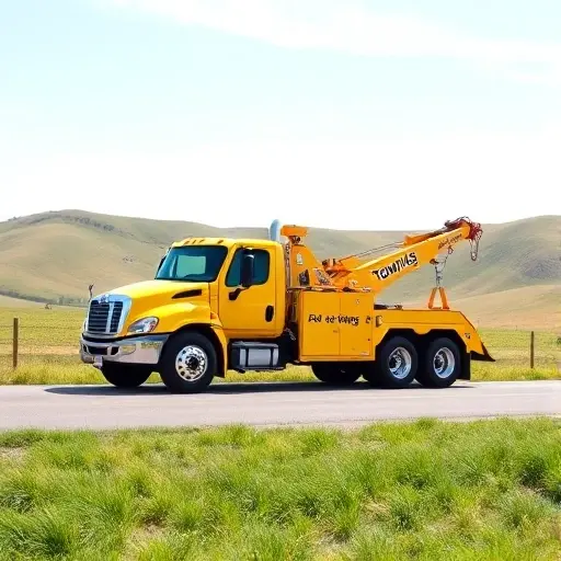 A bright yellow tow truck parked on a country road with rolling hills and a clear sky, representing a 24‑hour towing service in a regional setting, no text, no logos, no people, no digits