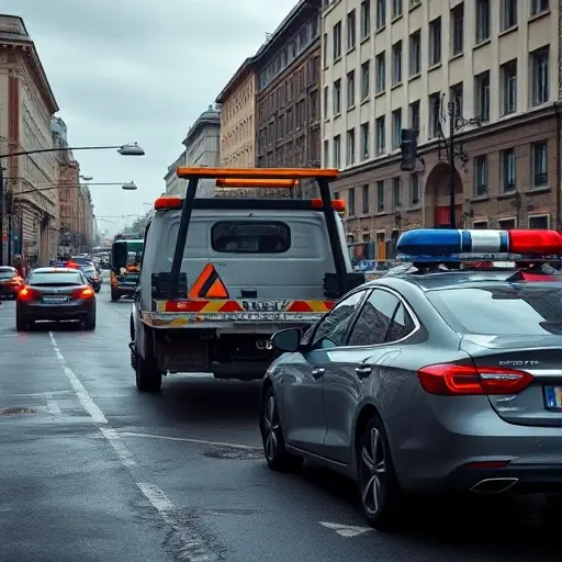 A realistic scene of a tow truck parked on Bolshaya Oktyabrskaya Street in Moscow, with a damaged car beside it. The street is busy with traffic, city buildings, and a police car with flashing lights nearby. The atmosphere is urban and slightly chaotic, capturing the moment of an accident. No text, letters, or digits should appear in the image.