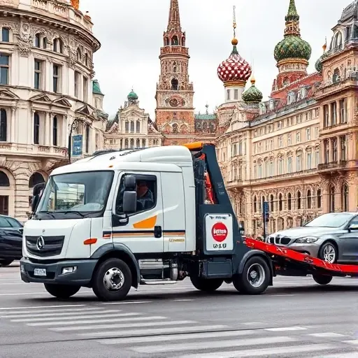 A realistic scene of a modern tow truck parked on a Moscow street, with a car being towed. The tow truck has a bright logo on its side and a clear sign indicating a paid tow service. The driver is visible, and the background shows iconic Moscow architecture and a bustling cityscape. The image conveys the reasons for calling a paid tow truck, such as a breakdown or accident, with a sense of urgency and professionalism.