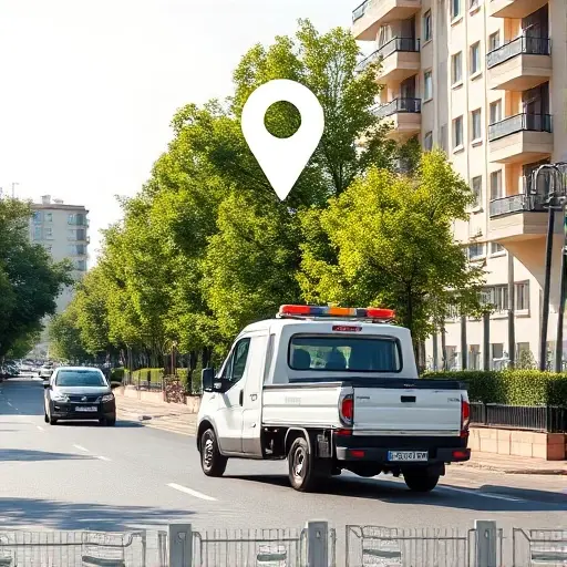 A realistic scene of a Moscow street in the South-Eastern Administrative Okrug, showing a compact, modern tow truck parked next to a small car on the roadside. The street is lined with typical Moscow apartment buildings and trees, with a subtle map pin icon floating above the tow truck to suggest location. The atmosphere is bright daylight, and the focus is on the tow truck as a helpful service nearby.
