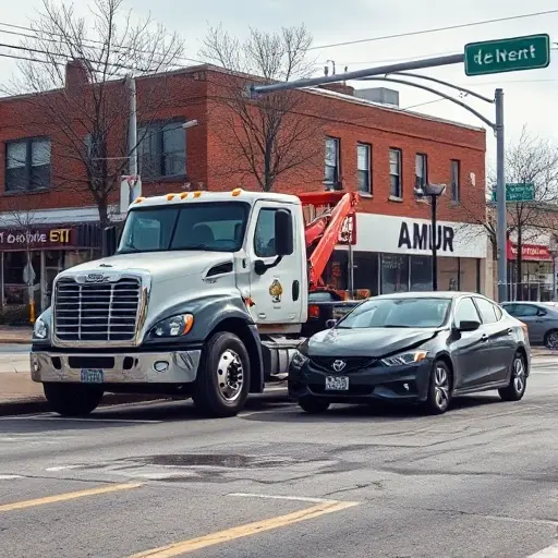 A realistic depiction of a tow truck parked on Amur Street after a traffic accident, with a damaged car beside it, showing the street environment, no text or signage, no people