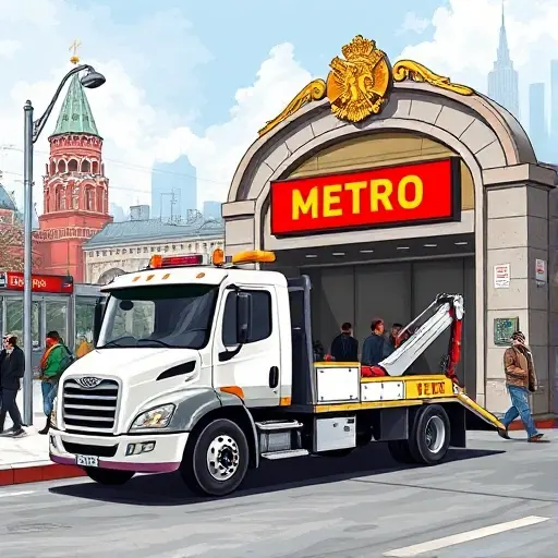 A realistic illustration of a modern tow truck parked beside a bustling Moscow metro station entrance, with iconic red and gold signage of the metro visible, commuters in transit, and the city skyline in the background, capturing the dynamic urban environment and the idea of a tow service near the metro.