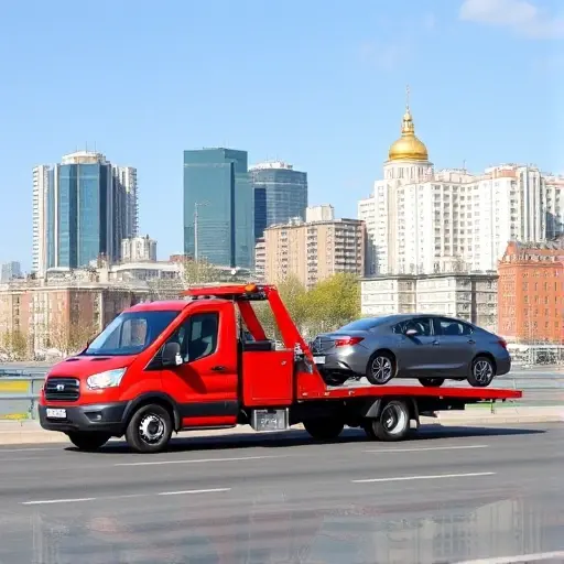 Вызвать эвакуатор в Москве недорого: Молжаниновский район – Полный план статьи A tow truck pulling a car in front of a Moscow cityscape, with the Molzhaninovsky district visible in the background. The scene shows a bright, clear day, the tow truck is modern and red, the car being towed is a compact sedan. The background includes typical Moscow architecture, such as a mix of Soviet-era apartment blocks and modern glass buildings. The atmosphere is calm and professional, with no text or signage visible.
