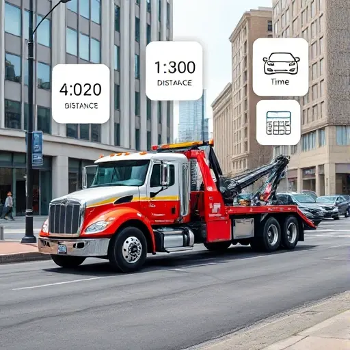 A tow truck parked on a city street, with floating icons representing distance, time, vehicle type, and a calculator, all in a realistic style, no text