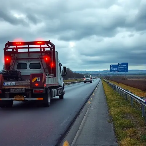 A realistic scene of a tow truck driving on a highway between Moscow and Belgorod, with a recent car accident on the side of the road, emergency lights flashing, cloudy sky, distant landscape, no visible text or signage