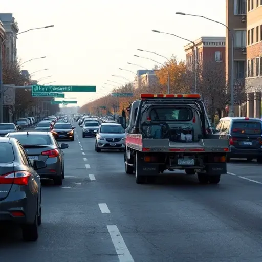 A realistic scene of a tow truck parked on a busy urban street named Alley of Cosmonauts, with moderate traffic flow: several cars moving in both directions, some stopped near the tow truck, road markings and streetlights visible, a clear sky, and the atmosphere of a typical city road without any textual signs or logos.
