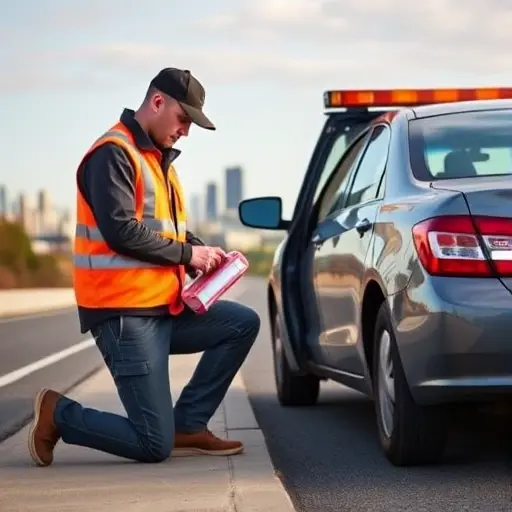 A tow truck driver in a reflective vest and work jacket, standing beside a stalled car on a roadside, kneeling to provide first aid to a passenger. The driver is using a first aid kit, checking pulse, and applying a bandage. The scene shows a calm, professional atmosphere with a clear sky and a city backdrop.