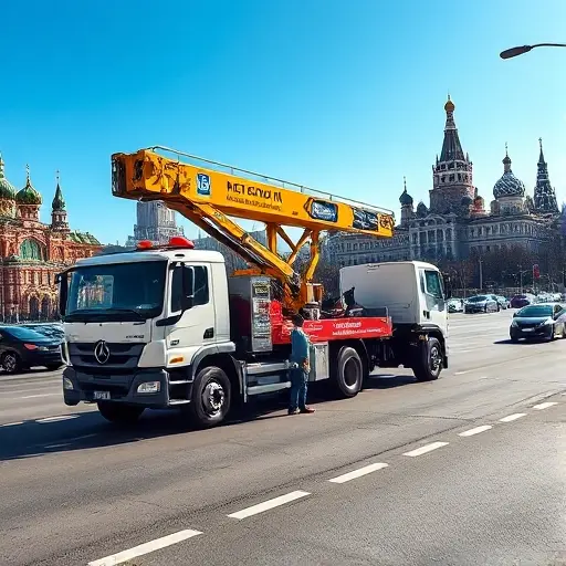 A realistic scene of a crane tow truck (evacuator-manipulator) on a busy Moscow street, positioned next to a stalled car, with the iconic Moscow skyline and recognizable architecture in the background. The tow truck's crane arm is extended, ready to lift the vehicle, and the road shows clear markings. The atmosphere conveys swift roadside assistance during daylight, with no text, logos, or signage visible.