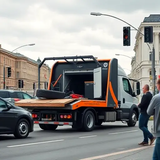 Вызвать эвакуатор в Москве недорого в СВАО: Полное руководство A modern tow truck on a Moscow street in the South-Eastern Administrative Okrug, with typical city buildings and traffic lights, a car with a flat tire beside it, the driver opening the truck's rear compartment, and a person holding a smartphone, under an overcast sky, realistic lighting and perspective