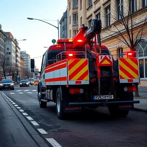 A realistic scene of a tow truck parked on Avangardnaya Street, with a city street background, showing the truck's hook and lights, a paved road, nearby buildings, and a clear sky, focusing on the vehicle and the urban environment without any text or signage
