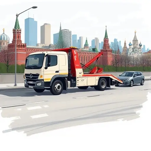 A realistic small-scale illustration of a tow truck parked on a Moscow street, with the recognizable city skyline in the background and a nearby car that appears ambiguous or incomplete, conveying a sense of missing information about the vehicle, without any text, logos, or signage.