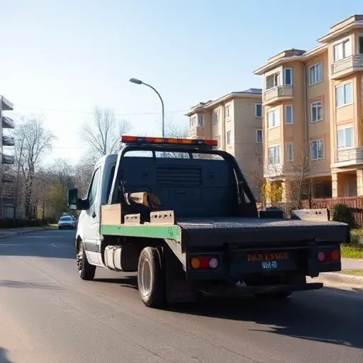 дешево эвакуатор москва московская область A modest, reliable tow truck parked on a quiet street in the Moscow region, with recognizable Russian architecture in the background such as typical apartment buildings and a hint of birch trees, under a clear sky. The scene conveys affordability and efficiency, showing the tow truck's open rear platform and a friendly driver standing nearby, without any visible brand logos or text.