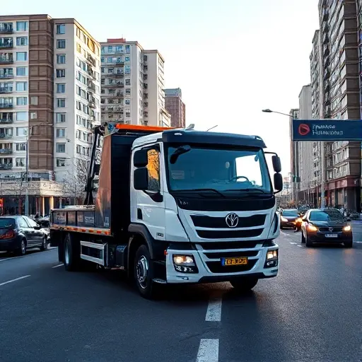 Эвакуатор Москва Юго-Запад: Полное руководство A realistic scene of a modern tow truck (evakuator) parked on a busy street in the South-West district of Moscow, with recognizable Moscow architecture such as high-rise residential buildings and a hint of the Moscow River in the background. The sky is clear, and the street shows typical Russian road markings. The focus is on the tow truck, showing its details and the surrounding urban environment, without any text or logos.