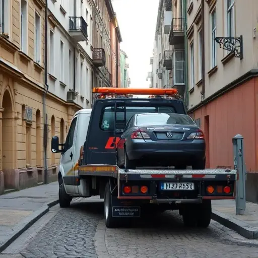 A realistic tow truck parked on a narrow city street, with a car being towed, showing the street's architecture, cobblestone or asphalt, and a small sign indicating 6th Mozhaysk Lane but no text or letters, no people, no modern cars, no bright colors, no unrealistic elements