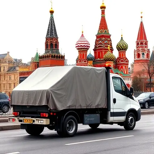 A covered tow truck parked on a Moscow street with the iconic Moscow skyline in the background, featuring St. Basil's Cathedral and Red Square, depicted in a realistic style, no text or digits.