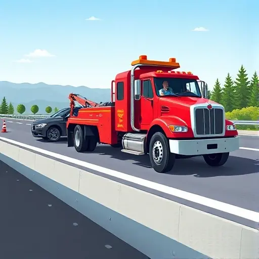 Эвакуатор "10": Оперативная помощь на дороге A compact, detailed illustration of a modern tow truck on a highway shoulder, assisting a stranded vehicle under a clear sky. The tow truck is painted in vivid red with reflective safety markings, a sturdy winch, and a professional driver in a uniform, but no visible letters or numbers on the vehicle. The scene shows the truck's hook attached to the disabled car, with roadside safety cones and a subtle background of trees and distant mountains.