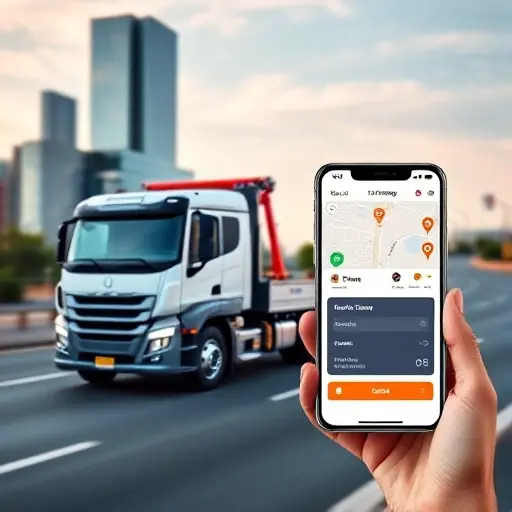 A modern tow truck driving on a road with a semi-transparent digital map overlay showing distance markers and a smartphone screen nearby displaying an online ordering interface for a towing service, sleek UI elements, cityscape background, bright colors, realistic rendering
