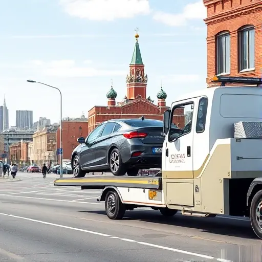 A professional tow truck in Moscow, pulling a small passenger car onto its platform. The scene shows a clean, modern tow truck with a driver in a uniform, set against recognizable Moscow city elements such as a red brick building, street signs, and distant skyline. The atmosphere conveys reliability and safety, with clear sky and bright daylight, no text or logos visible.