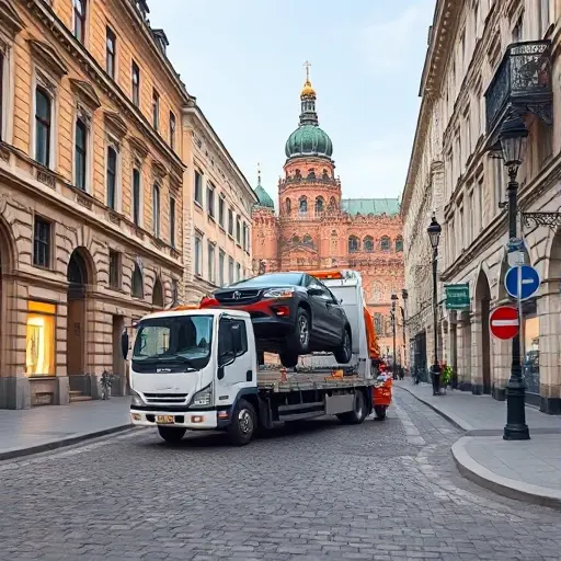 A realistic smallHQ style illustration of a tow truck operating on a cobblestone street in Moscow's Arbat district, featuring historic stone buildings, classic street lamps, and a parked car being lifted onto the truck, with no people or signage