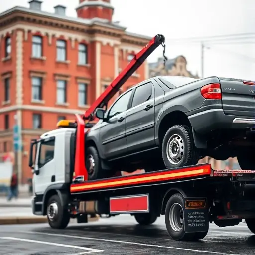 A realistic scene of a tow truck in Moscow, positioned beside a large vehicle that is being carefully lifted onto the truck's platform with a winch, illustrating the difficulty of loading and unloading. The background shows typical Moscow architecture such as a red brick building and a street with blurred details, without any readable text or signage. The sky is overcast, and the composition emphasizes the careful operation of the tow service.