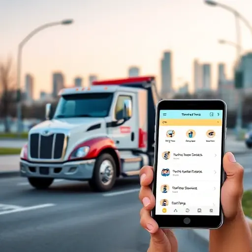 A modern tow truck parked on a city street, with a digital tablet or smartphone displaying a map and a list of towing service icons, surrounded by a subtle city skyline in the background, all in a clean, realistic style, no text or lettering visible