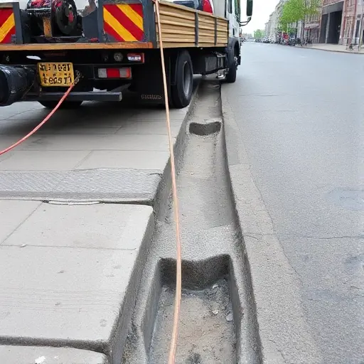 A tow truck positioned on an uneven urban street in Moscow-Balachikha, facing a stuck vehicle with blocked wheels and a visible trench in the road. The tow truck is partially lowered onto the vehicle, its winch cable extended and tension visible. The scene shows concrete pavement, a shallow depression marking the trench, and the blocked wheels partially exposed. The focus is on the mechanical details of the tow truck and the stuck vehicle, highlighting the difficulty of the loading operation.
