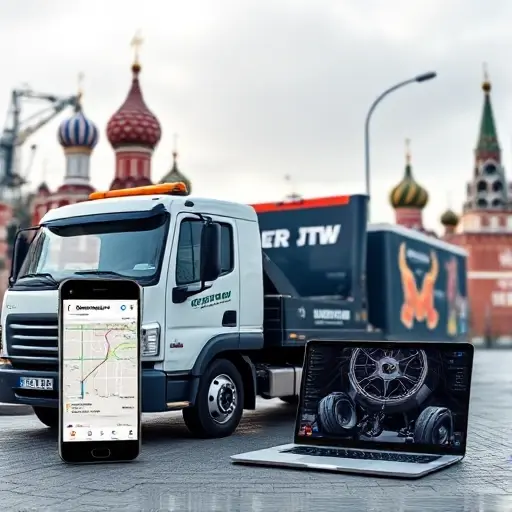 A modern tow truck parked near a recognizable Moscow landmark, with a digital screen or tablet displaying an online calculation interface for towing services. The scene should include a smartphone or laptop showing a map with a route, and a clear view of the tow truck’s logo and branding. The composition should emphasize the urban Moscow setting, with subtle cityscape in the background, but no visible text, letters, or numbers in the image.