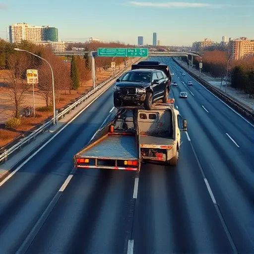 A realistic scene of a tow truck operating on Kashirskoye Highway in Moscow, with the highway stretching into the distance, surrounding urban buildings and trees, a damaged vehicle being lifted onto the truck's platform, clear sky, and subtle reflections on the road surface