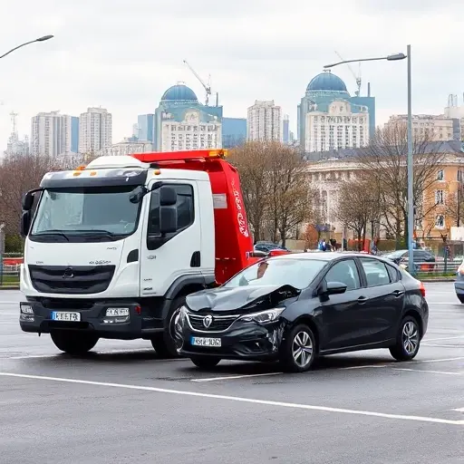 A tow truck parked beside a damaged car on a street in Volgograd, with the city skyline in the background, illustrating a car accident and breakdown scenario, all without any text or lettering
