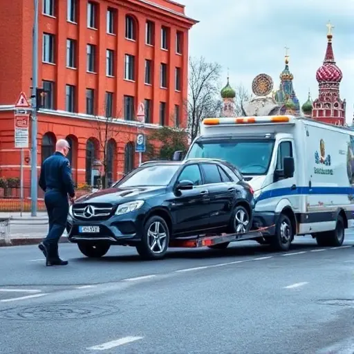 A realistic scene set in Moscow showing a car being towed by a municipal tow truck on a city street, with a uniformed traffic officer directing the operation. The background includes recognizable Moscow architecture such as a red brick building and a distant skyline with the Kremlin domes, but no visible signage or text. The focus is on the interaction between the officer, the tow truck, and the car, conveying the concept of vehicle evacuation and related fines without any letters or numbers.