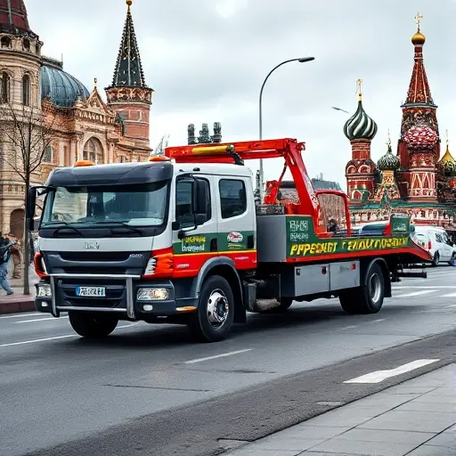 A professional tow truck (evakuator) parked on a Moscow street, with recognizable Moscow landmarks such as the Kremlin or St. Basil's Cathedral in the background, the truck displaying a visible license badge and a sense of experienced service, realistic lighting, no text or signage