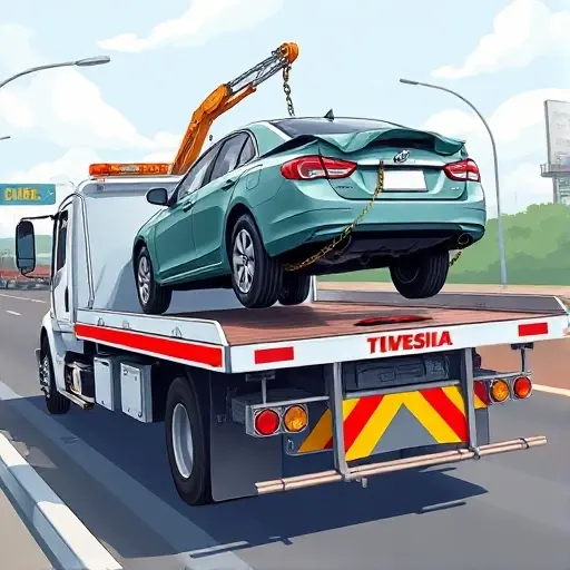 A detailed illustration of a tow platform (flatbed truck) on a roadside, with a damaged car being lifted onto the flatbed using a winch system. The scene shows the truck's hydraulic platform, safety chains, and a clear view of the vehicle being secured, set against a realistic urban or highway background. Emphasize the equipment and the process of loading the car onto the platform, with no text or signage visible.