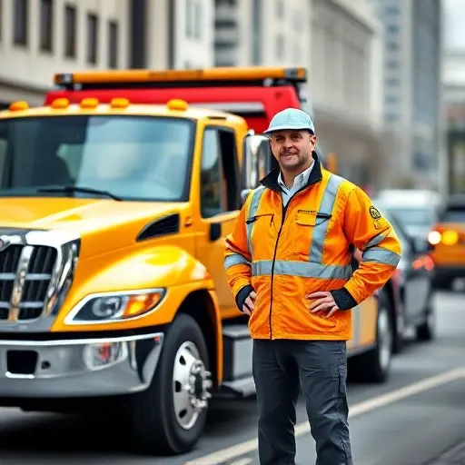 эвакуатор ман A tow truck driver in a bright uniform standing beside a modern tow truck, with a car being towed on a city street. The scene is well-lit, with clear reflections on the truck’s chrome, and the background shows blurred buildings and traffic. No text, letters, numbers, or logos are present.