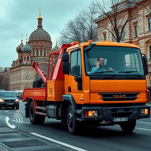 эвакуатор москва куда звонить A realistic scene of a tow truck parked on a Moscow street with recognizable city architecture such as the Kremlin dome in the background, a driver holding a smartphone to the ear, and a subtle hint of a phone signal icon floating nearby, all depicted without any visible text or logos.