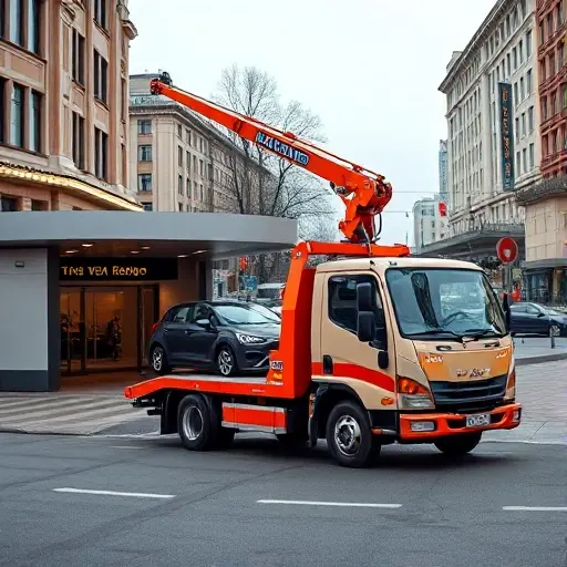 A compact tow truck equipped with a hydraulic manipulator arm, positioned on a city street in Moscow near a modern metro station entrance. The scene shows the truck with its boom extended, gently lifting a small vehicle onto the platform. The background includes typical Moscow architecture, streetlights, and a hint of traffic, all rendered in a realistic yet slightly stylized smallHQ aesthetic. No text, logos, or signage are visible on the vehicles or surroundings.