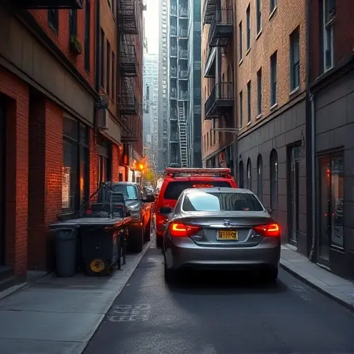 A tow truck in a narrow urban alley pulling a illegally parked car out of the way, with surrounding buildings and a quiet street atmosphere, realistic lighting and details, captured in the smallHQ style