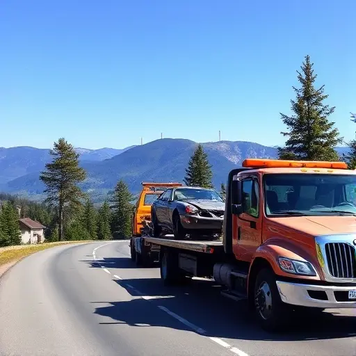 A tow truck parked on a scenic Ural mountain road, with a partially collapsed vehicle being towed, surrounded by pine trees and distant industrial chimneys, under a clear blue sky.