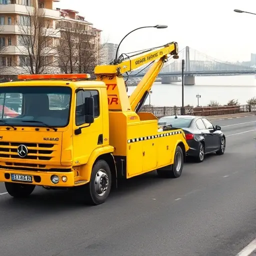 A bright yellow tow truck pulling a car along a city street in Khabarovsk, with the Amur River and a recognizable bridge in the background, showing a bustling urban environment, no text or letters