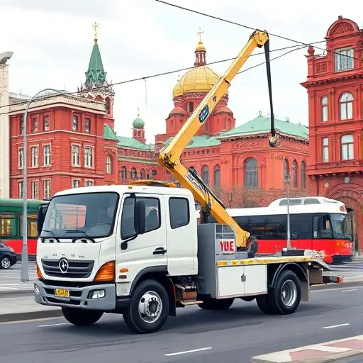 A realistic illustration of a tow truck equipped with a hydraulic manipulator arm parked on a Moscow street, with recognizable city elements such as red brick buildings, a tram, and the Kremlin dome in the background. The scene conveys a professional, affordable service without any text, logos, or people.