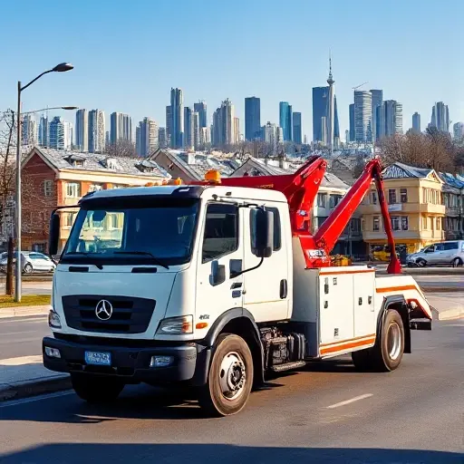A realistic tow truck parked on a street in Yoshkar-Ola, with the city skyline in the background, showing a clear view of the vehicle and urban environment without any text or signage visible