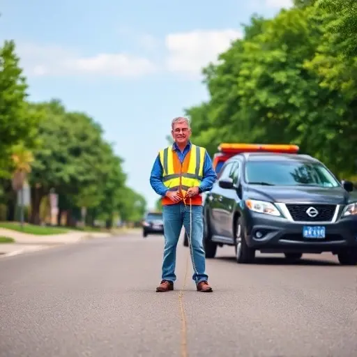 средство эвакуаторов A modern towing truck parked beside a stalled vehicle on a quiet suburban street, with a friendly tow truck operator in a reflective vest holding a tow rope, ready to assist. The scene shows a clear sky, trees lining the road, and a calm atmosphere.