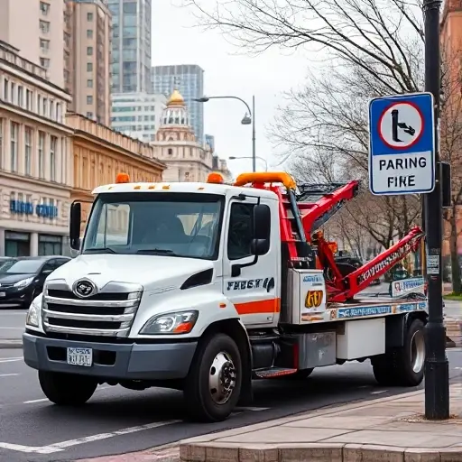 эвакуатор в москве штрафстоянку сколько A tow truck parked near a Moscow street with a parking fine sign, cityscape background, no text or numbers, no people