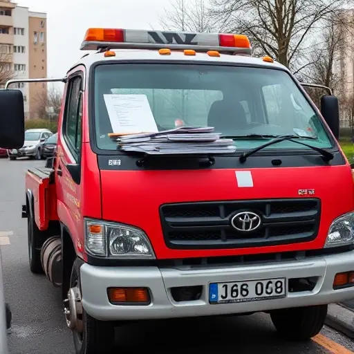 A tow truck parked in an urban setting in Khimki, Moscow region, with a visible license badge and a stack of official documents on the cab, showing compliance and professionalism. The scene should convey a sense of legality and readiness for emergency services.