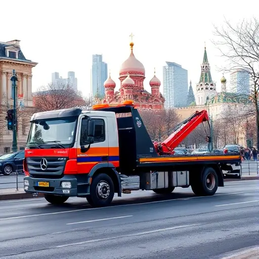A tow truck parked on a Moscow street in the Krasnoselsky district, with iconic Moscow skyline in the background, no text or lettering