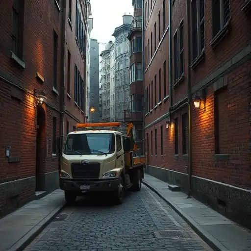 Эвакуатор в 3-м Монетчиковском переулке: Полное руководство A realistic scene of a tow truck parked in a narrow, cobblestone alley named 3rd Monetchikovsky Lane, with old brick buildings on both sides, subtle street lighting, and a quiet urban atmosphere