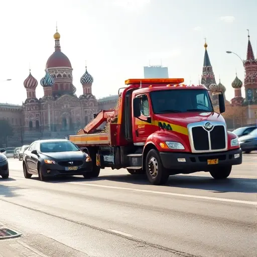 Быстрый эвакуатор в Москве: оперативная помощь при поломке или ДТП A fast tow truck in Moscow assisting a broken car on a busy city street, with recognizable Moscow skyline elements such as the Kremlin silhouette in the background, bright daylight, dynamic motion, realistic yet compact high-quality rendering