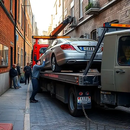 A tow truck parked on a narrow, cobblestone alley called Baraban Street, with a car partially lifted onto the truck's flatbed. The scene shows a mechanic in a work jacket struggling to secure the vehicle, using a winch and a chain. The alley is lined with old brick buildings, and a few pedestrians watch from the curb. The focus is on the difficulty of loading and unloading, with the truck's hydraulic lift partially raised and a chain hanging loosely. The lighting is natural, late afternoon, casting soft shadows. No text or lettering is present in the image.
