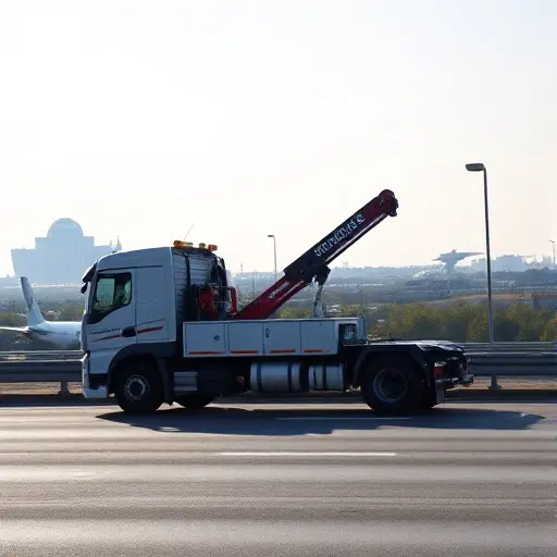 Эвакуатор Москва – Домодедово: Полное руководство A modern tow truck with a crane, parked on a highway with a view of Moscow's skyline in the background and the silhouette of Domodedovo Airport's terminal in the distance, under a clear sky, realistic lighting and detailed surroundings, no text or signage